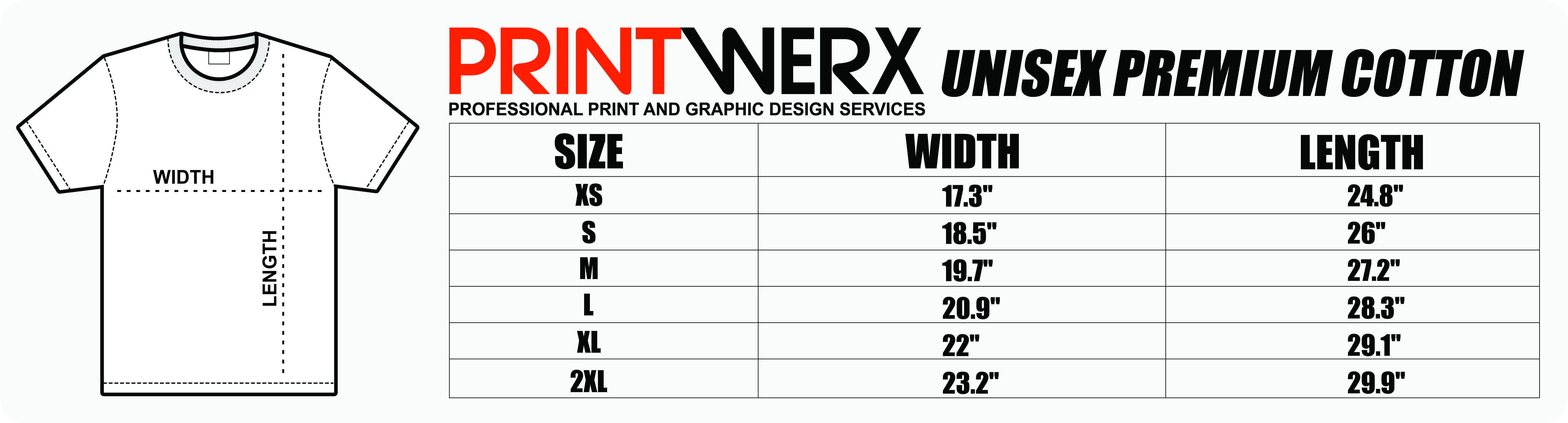 PRINTWERX T-SHIRT SIZE CHART